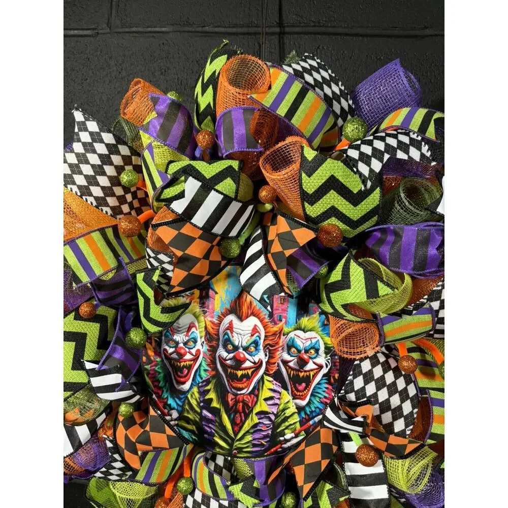Scary Halloween Wreath Creepy Killer Clowns Handmade XL 24 Inch Deco Mesh